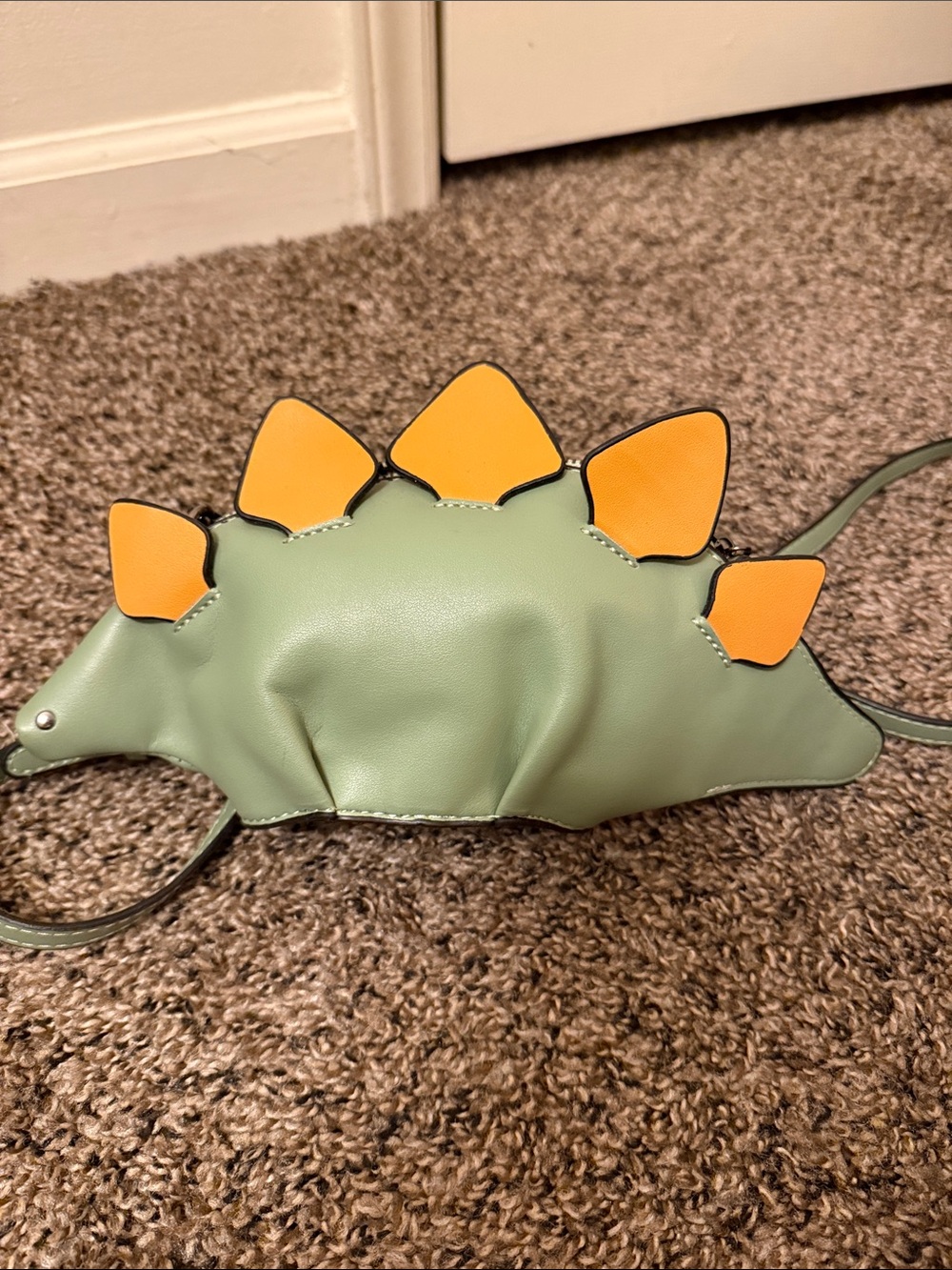 Kids Green Stegosaurus Crossbody Bag with Orange Spines